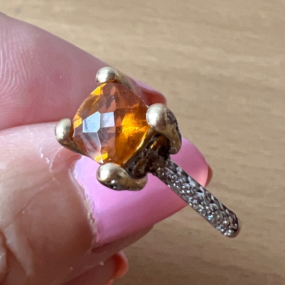 VINTAGE  DESIGNER 14K YELLOW GOLD CHECKERBOARD CUT CITRINE PAVE DIAMOND RING - Picture 7 of 16